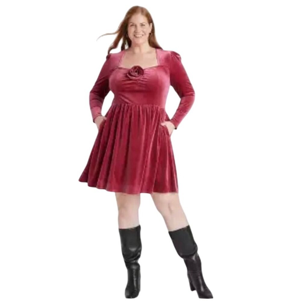 Ava & Viv Womens 1X Red Velvet Long Sleeve Dress With Rose Accent